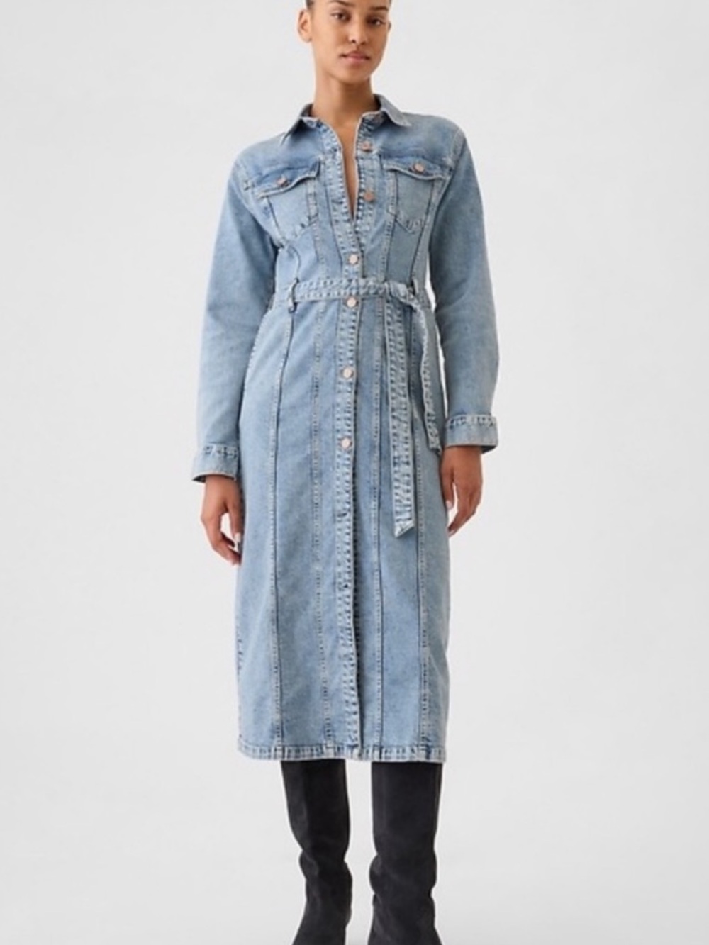 gap denim duster midi jacket dress with belt